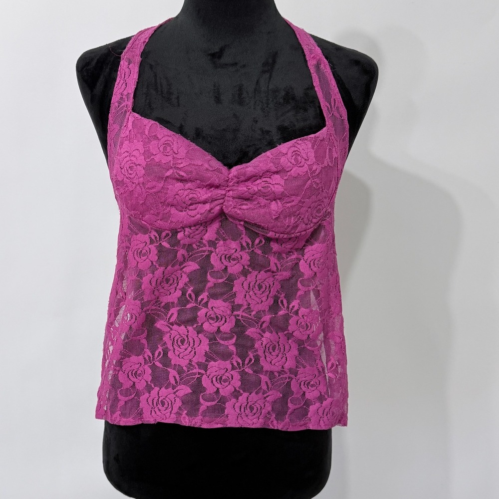 Pink Sheer Floral Lace Halter‎ Top Size M Open Back Coquette Romantic Festival